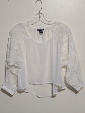 Cotton Express Sheer Crop Flower Sleeve Blouse - S